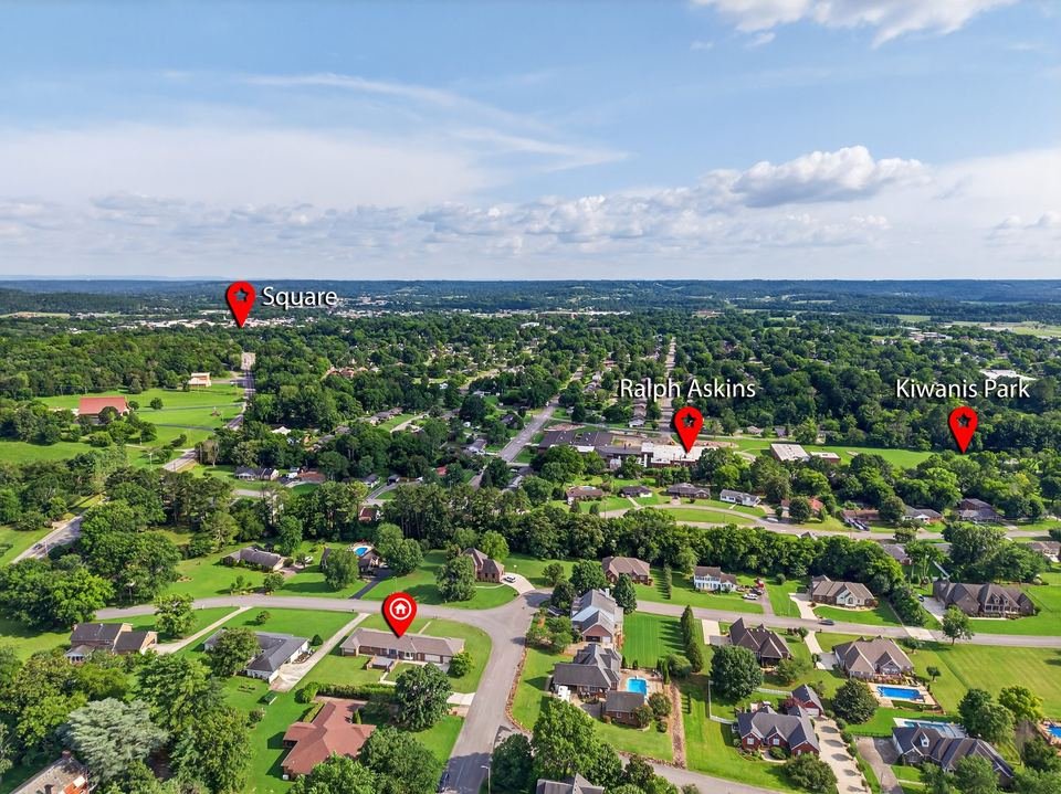 Town aerial drone real estate photography with location markers